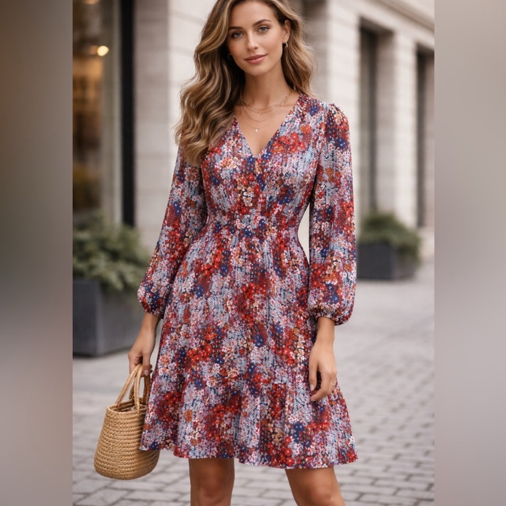 Cupshe Red Navy Floral Long Sleeve Dress